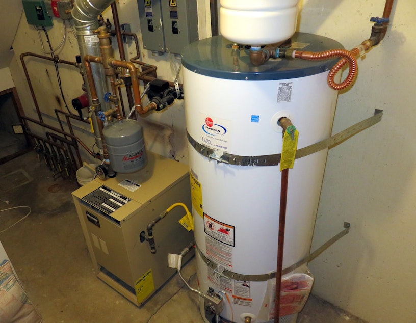 caption: Buildings account for the second biggest share of carbon pollution in Washington, after transportation, largely due to gas furnaces and water heaters such as these.