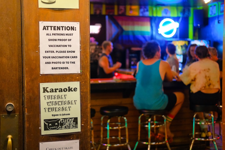 caption: Proof of vaccination is required to enter Southgate Roller Rink in White Center, but masks are only required during all-ages family skate sessions. Photo taken August 2, 2021. Many area bars and restaurants have begun requiring their patrons show proof of vaccination before entering.