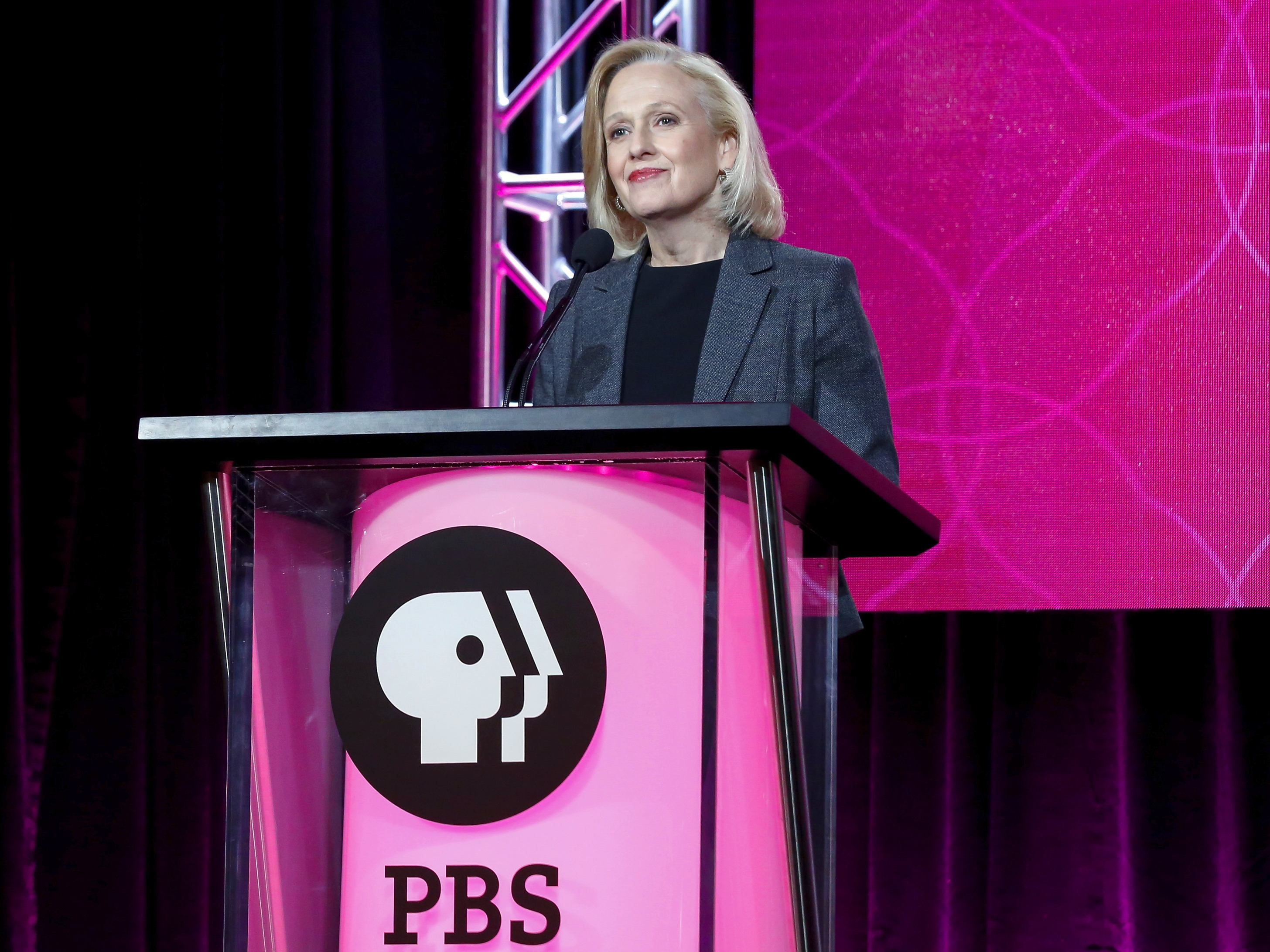 caption: PBS President and CEO Paula Kerger speaks at the PBS's Executive Session at the 2017 Television Critics Association press tour in Pasadena, Calif. PBS is closing its DEI office following executive orders from President Donald Trump aimed at rolling back workplace DEI efforts.