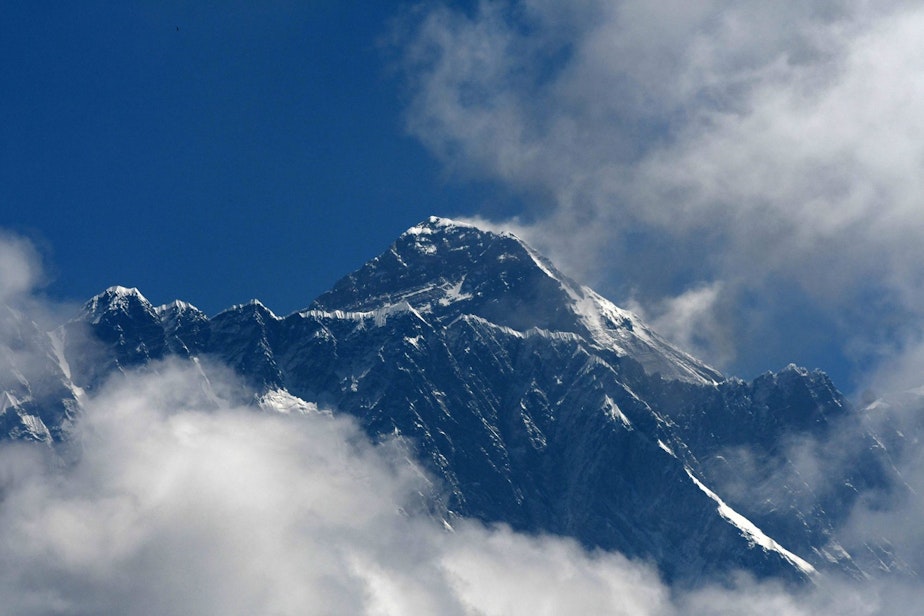 caption: Mount Everest (height 8848 metres) is seen in the Everest region, some 140 km northeast of Kathmandu, on May 27, 2019. (Prakash Nathema/AFP/Getty Images)