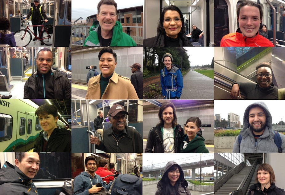 caption: Faces of commuters who passed through University of Washington and Capitol Hill stations Monday morning.