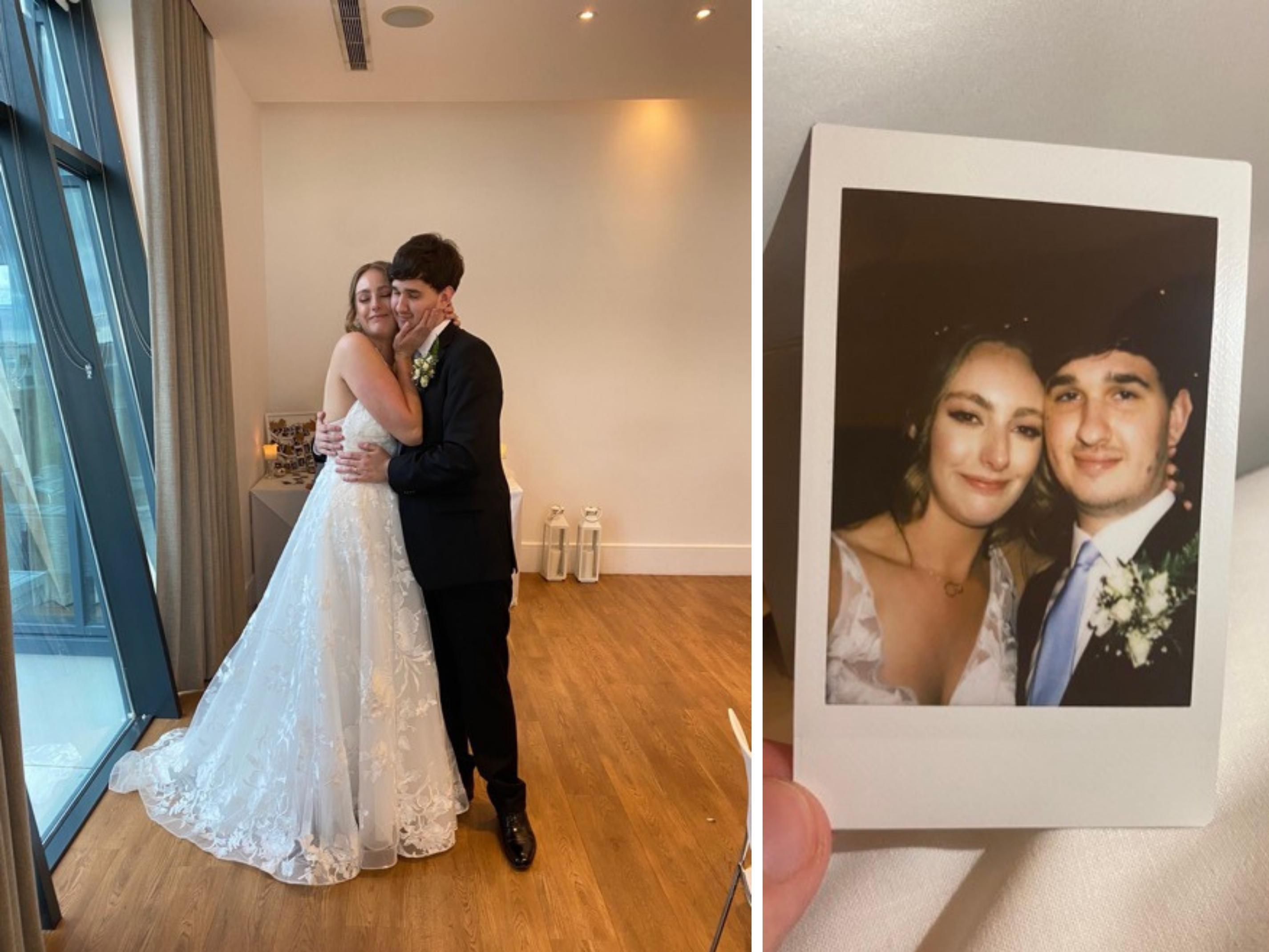 caption: Grant Schroeder and Emma Ferguson first connected over their mutual love of cats. The couple got married on July 24.