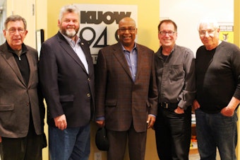 caption: Charles Royer, Greg Nickes, Norm Rice, KUOW's Foursquare Mayor Ross Reynolds, and Paul Schell.