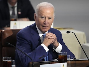 caption: President Joe Biden speaks while sitting next to other leaders during the Asia-Pacific Economic Cooperation (APEC) conference, Thursday, Nov. 16, 2023, in San Francisco.