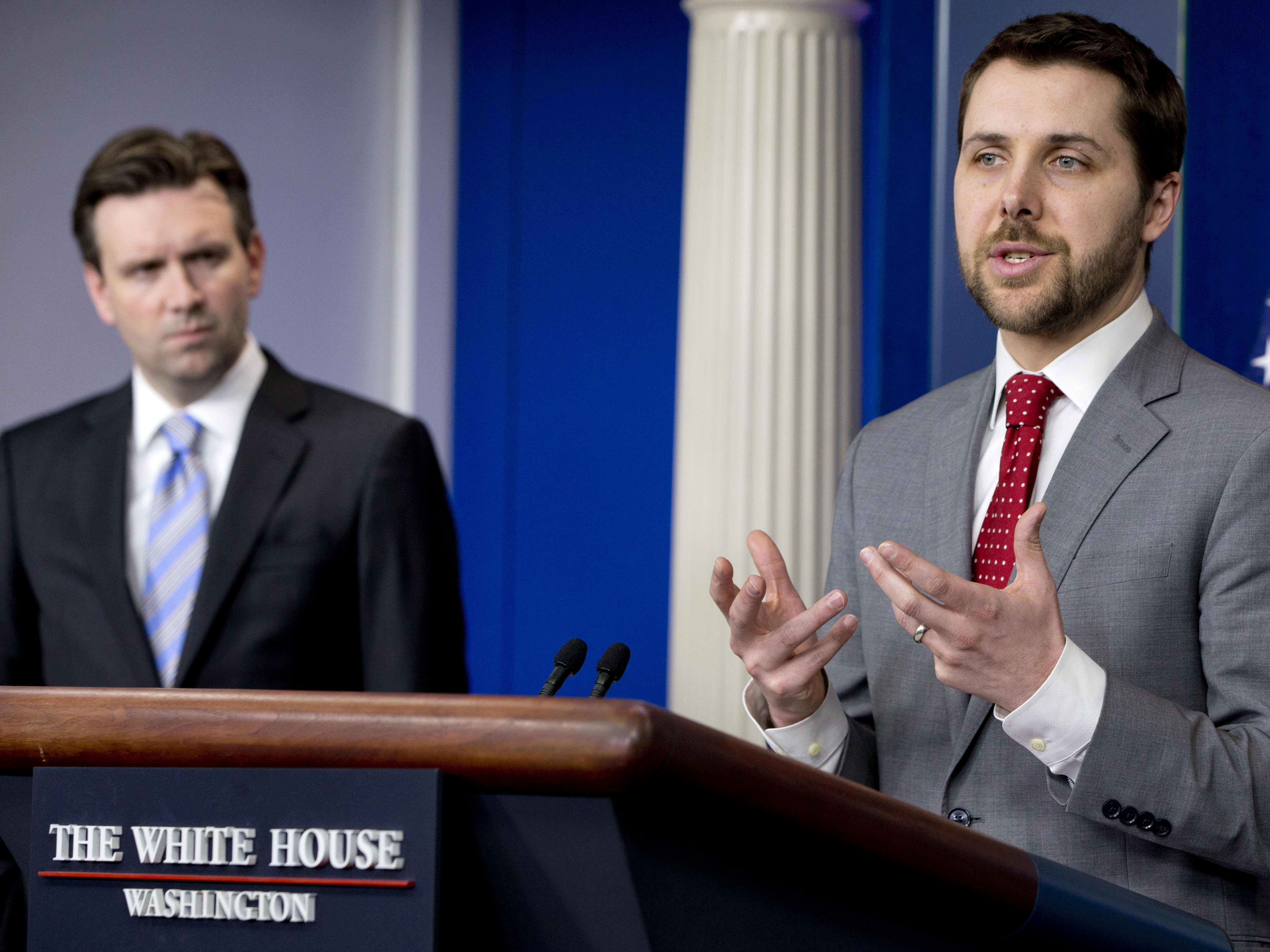caption: Brian Deese, seen here speaking to White House reporters in 2015, is President-elect Joe Biden's pick to lead the National Economic Council.