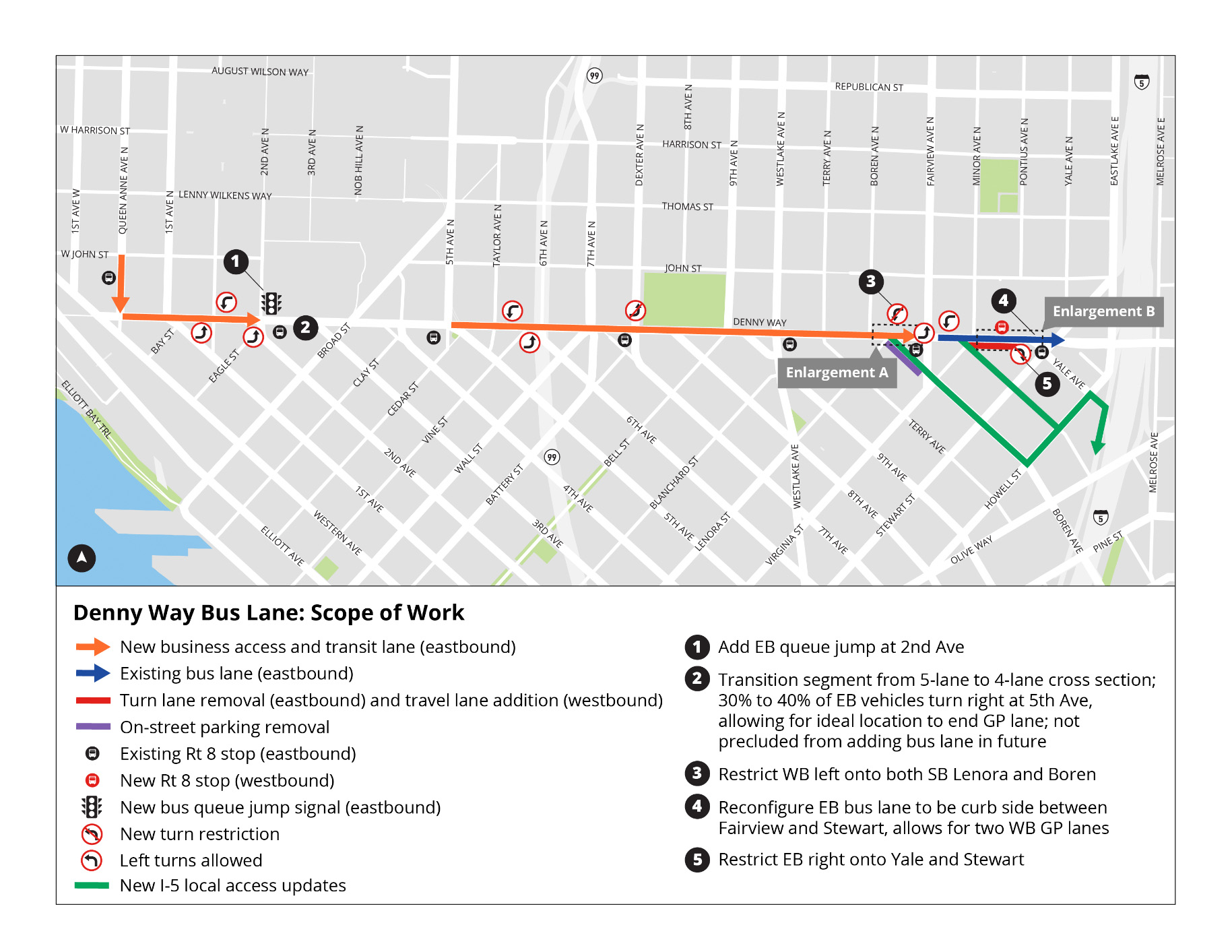 caption: A map from the City of Seattle shows the proposed scope of work to improve bus service along Denny Way.