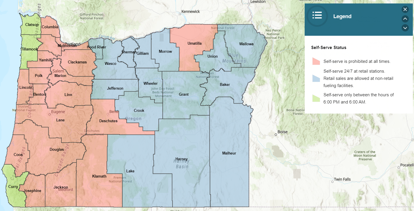 caption: A map provided by the Oregon Fire Marshal's Office, showing which Oregon counties allowed self-serve gas and at which times. 