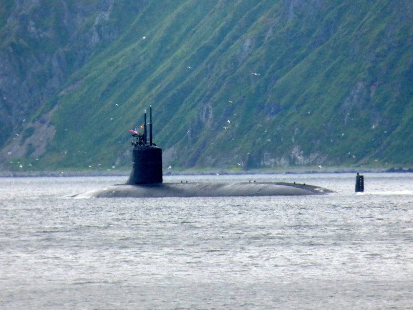 caption: The USS Seawolf in Unalaska Bay on Aug. 14, 2015. 