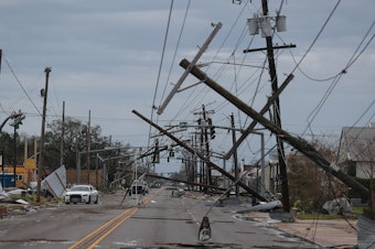 caption: A street is seen strewn with debris and downed power lines after Hurricane Laura passed through Lake Charles, Louisiana, on Thursday.