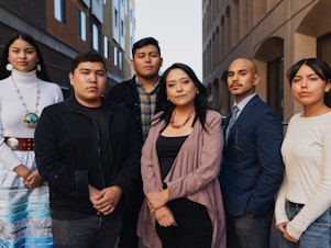 caption: Left to right: Lourdes Pereira, 23, Matthew Holgate, 23, Alec Ferreira, 25, Shelbylyn Henry, 32, Xavier Medina, 25, and Nalani Lopez, 19. The six voters met with NPR at the Phoenix Indian Center in downtown Phoenix.