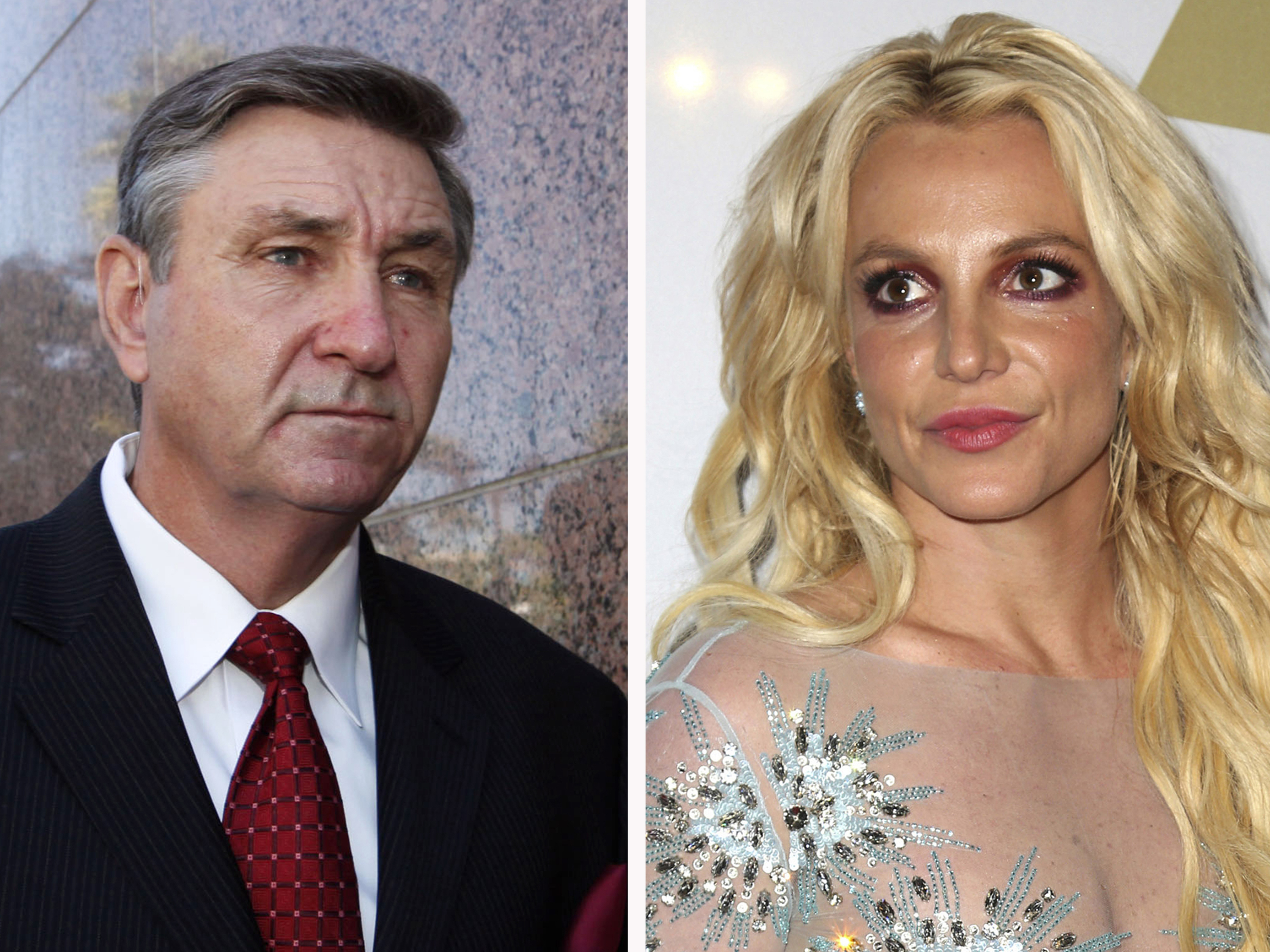 caption: This combination photo shows Jamie Spears, left, father of Britney Spears, as he leaves the Stanley Mosk Courthouse on Oct. 24, 2012, in Los Angeles and Britney Spears at the Clive Davis and The Recording Academy Pre-Grammy Gala on Feb. 11, 2017, in Beverly Hills.