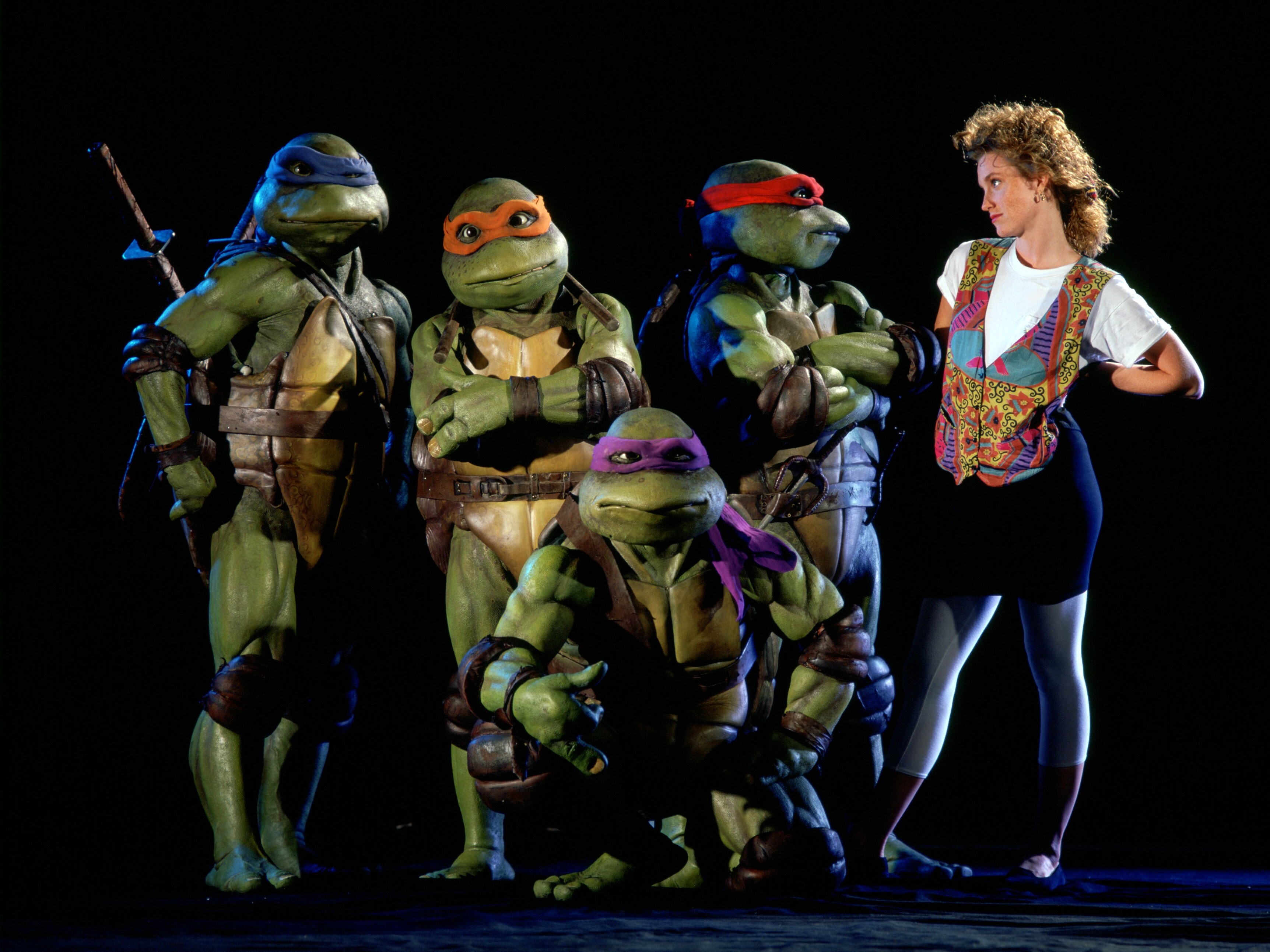 caption: Leonardo, Michelangelo, Donatello, Raphael, and April O'Neil, who was played by Judith Hoag.