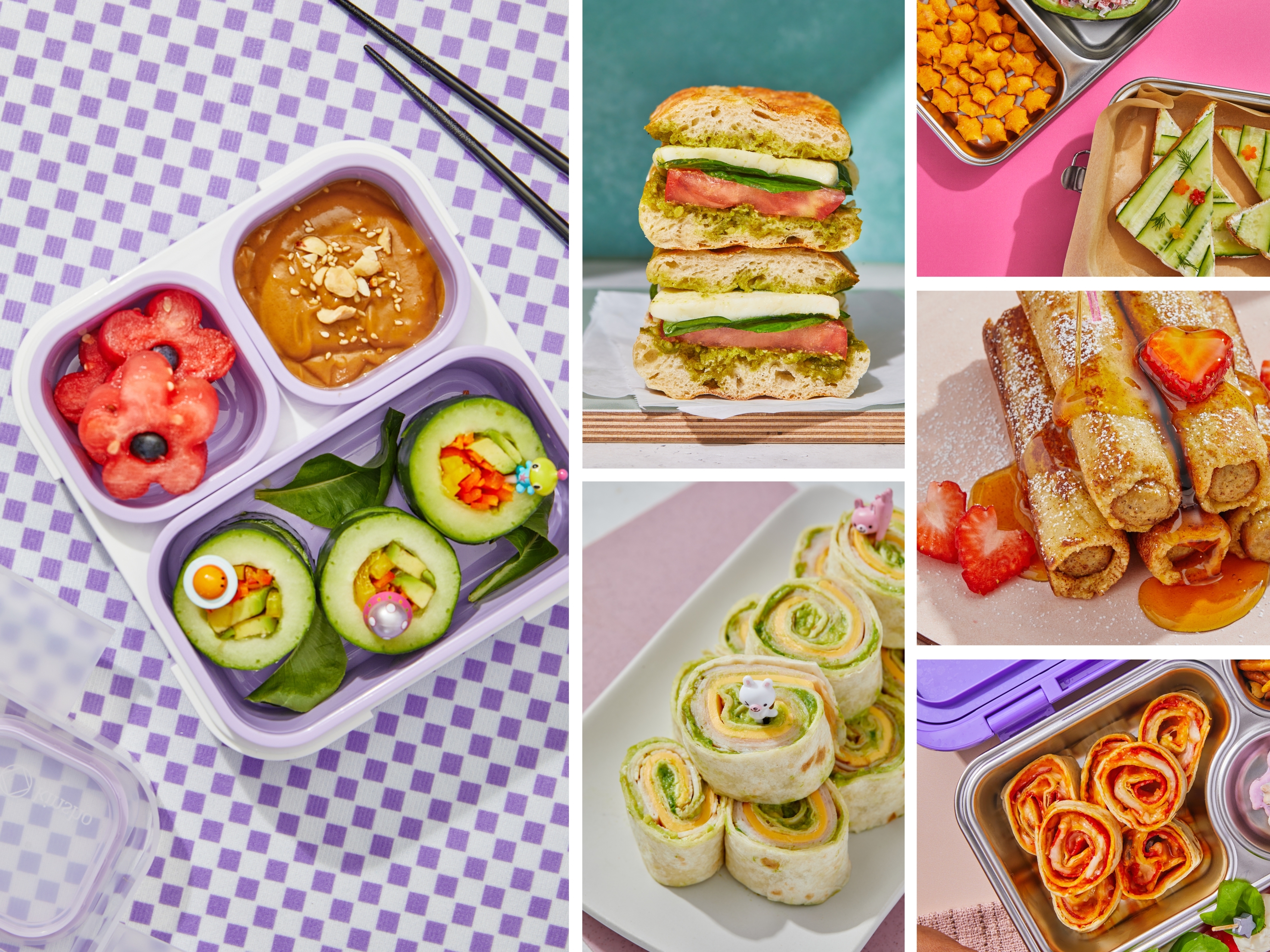 caption: Sulhee Jessica Woo's cookbook is a collection of 150 globally inspired lunchbox recipes. The six featured here include (from left to right, counterclockwise): cucumber veggie rolls and peanut dipping sauce; mozzarella, tomato and spinach pesto panini; cucumber toast; sausage French toast roll-ups; pepperoni and mushroom pizza roll-ups; and turkey, avocado and cheese pinwheels.