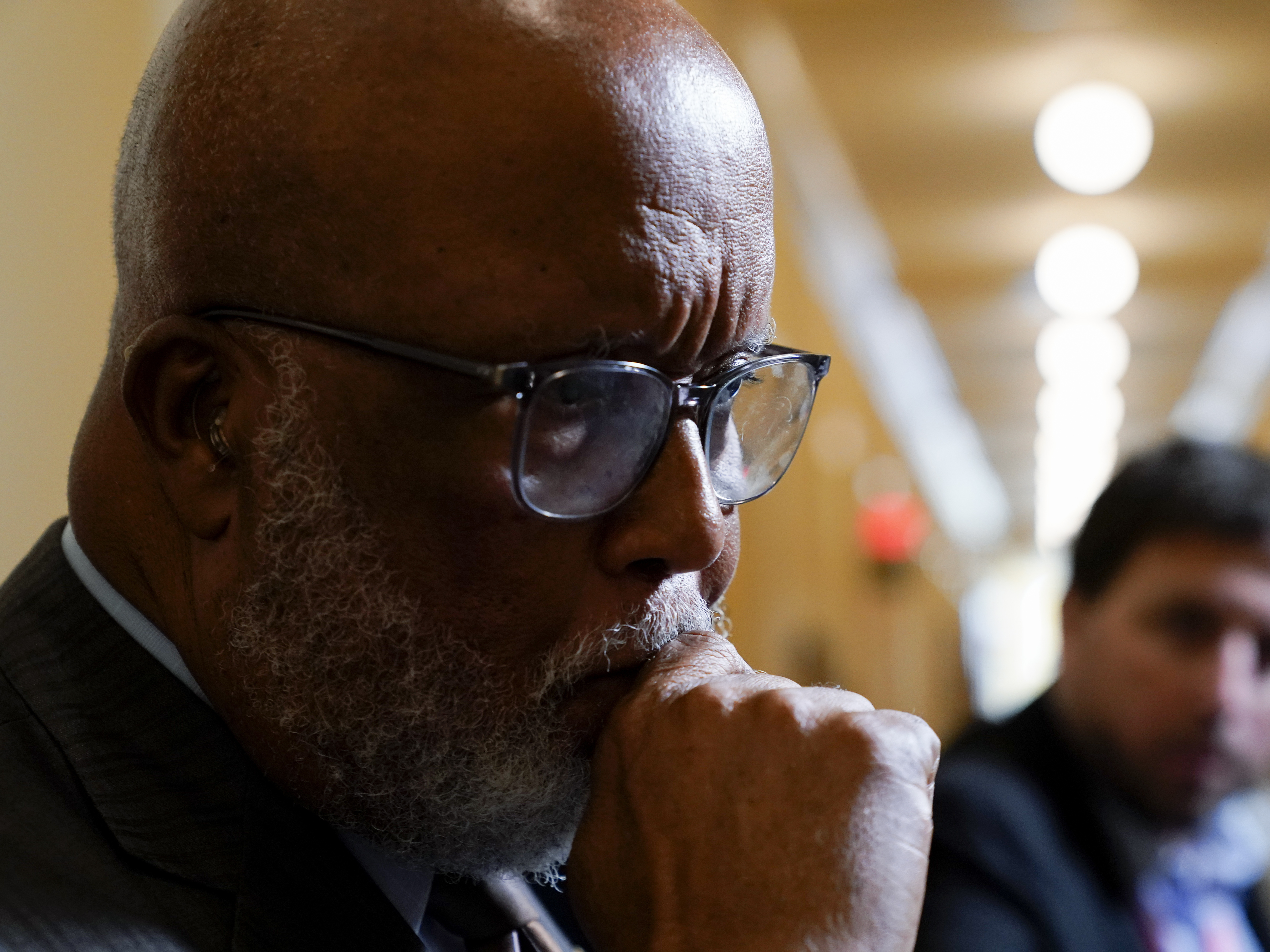 caption: Chairman Bennie Thompson, D-Miss., speaks to members of the media after a House select committee investigating the Jan. 6 Capitol attack hearing last month.