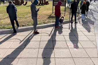 caption: A line of people wait for COVID-19 testing at a D.C. Health- organized walk-up testing site at Farragut Square on Dec. 23, just blocks from the White House in Washington.