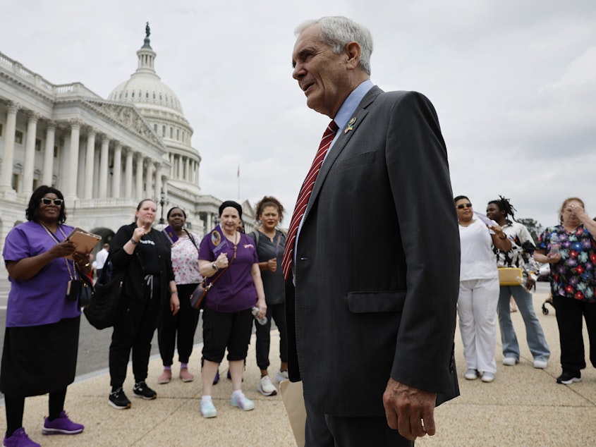 caption: Rep. Lloyd Doggett, D-Texas, as seen at the Capitol on June 5, 2024. Doggett is the first congressional Democrat to publicly call for President Biden to quit his reelection bid.