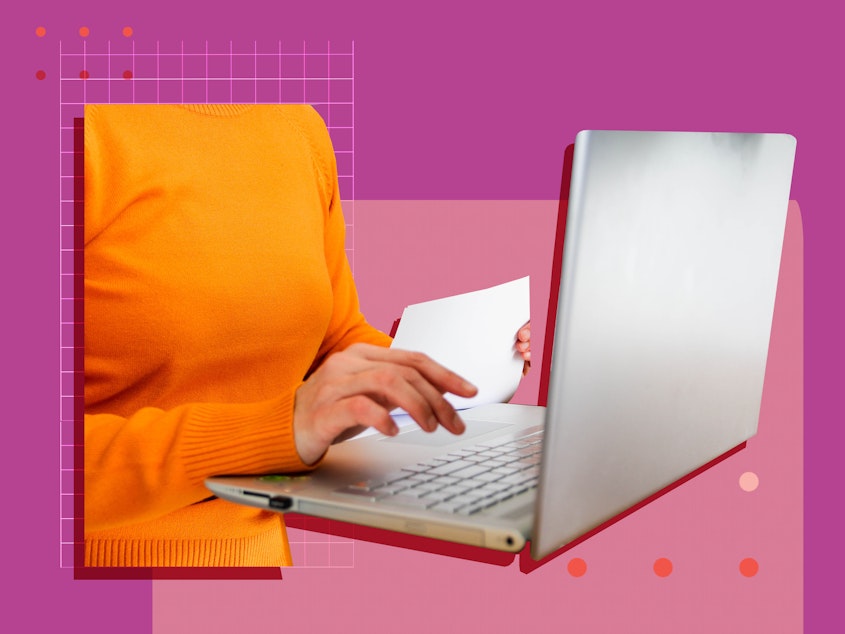 Collage of a woman typing on a computer and holding a piece of paper as she writes and formats her resume for a job search.