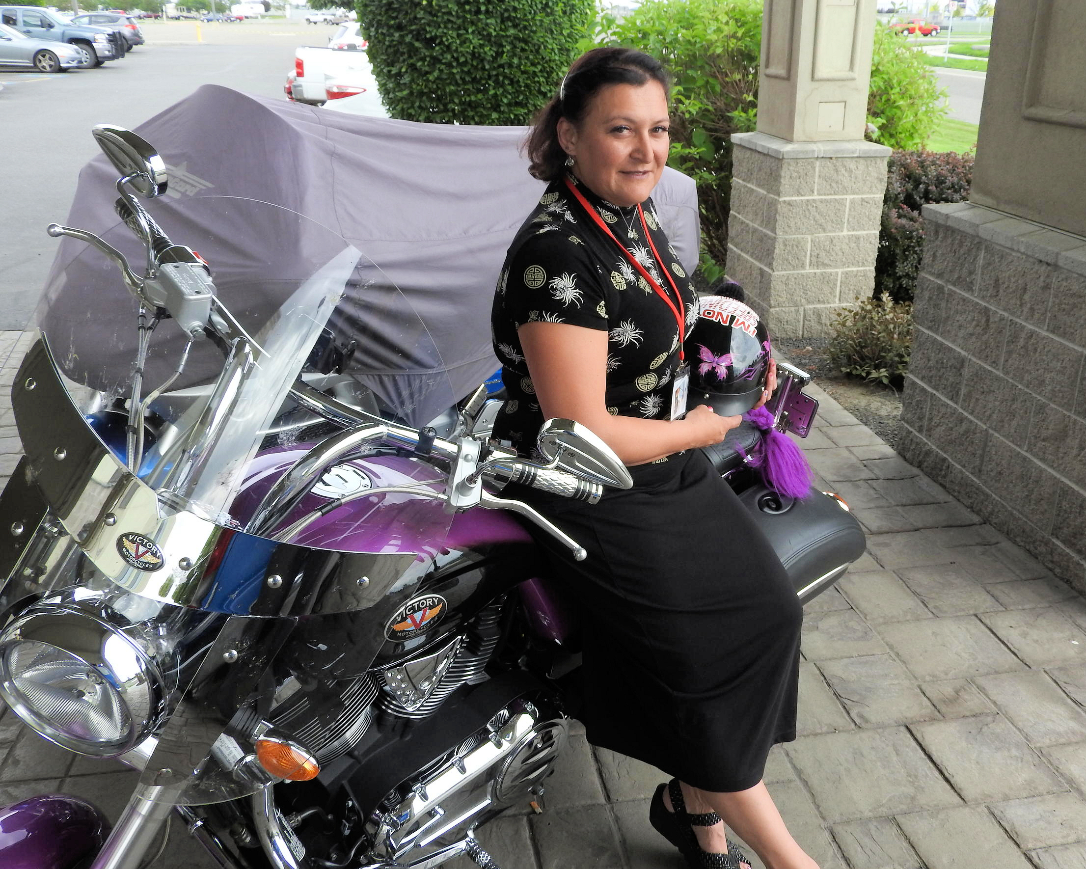 caption: Katja Delavar rode her American-made Victory motorcycle to Pasco from Vancouver, Washington, for the state Republican convention. Click on the image for more photos.