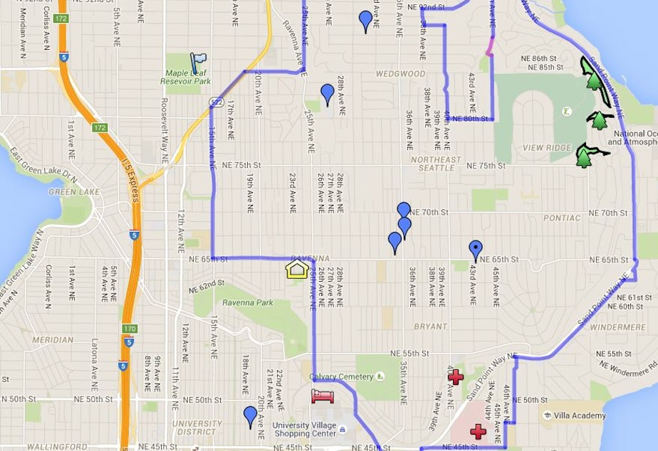 caption: A Google map shows the outline of the North Seattle eruv.