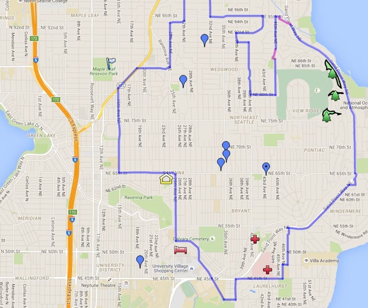 caption: A Google map shows the outline of the North Seattle eruv.