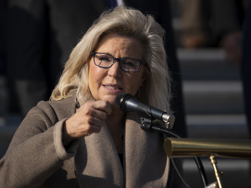 caption: Rep. Liz Cheney, R-Wyo., seen here during a press conference in December, is the No. 3 Republican in the House of Representatives.
