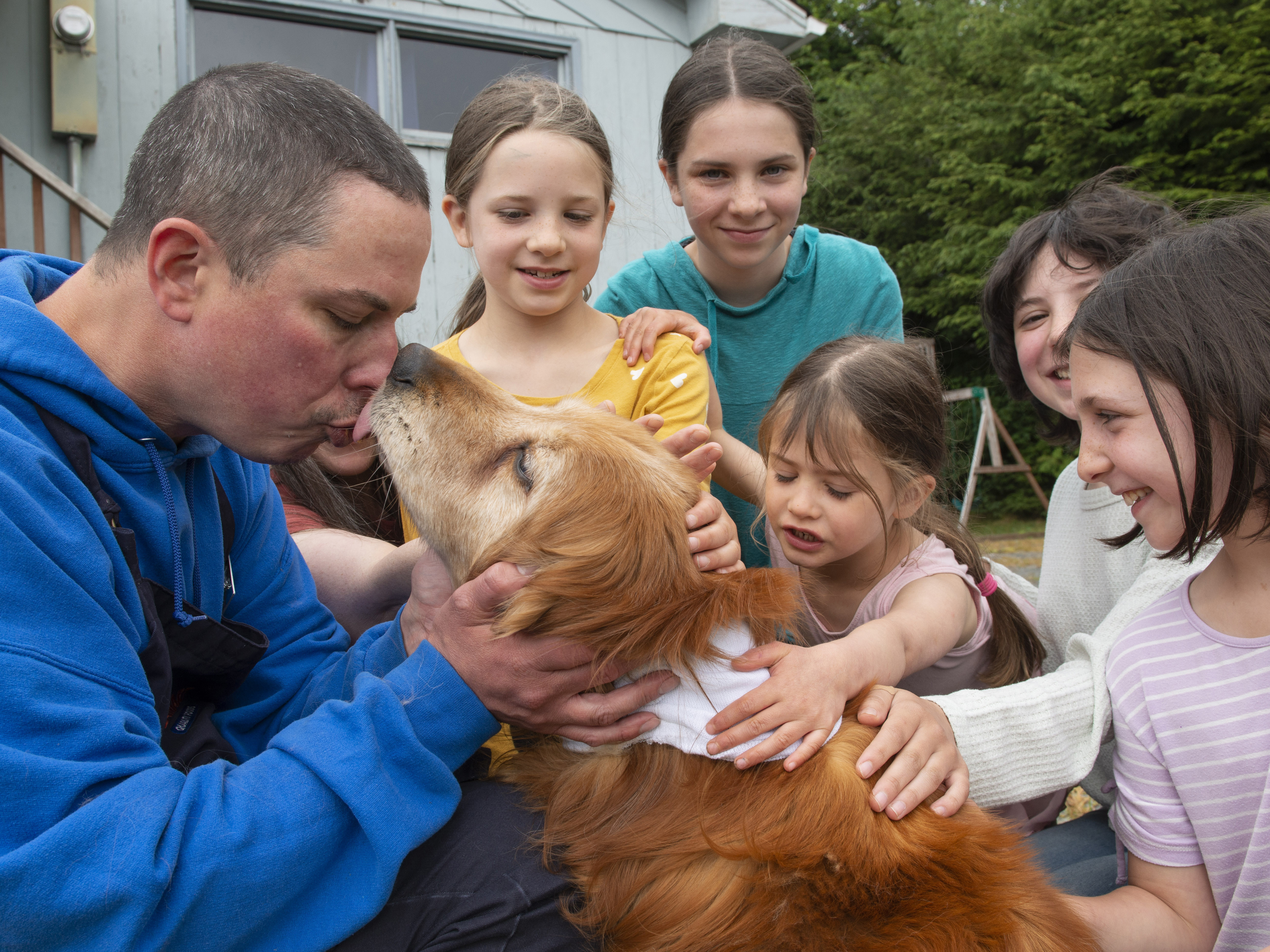 caption: Ted Kubacki gets a lick from the family golden retriever, Lulu, outside their house after being reunited in Sitka, Alaska, on Thursday. The elderly, blind dog who had been missing three weeks, was found on Tuesday by a construction crew. Behind Kubacki is his wife, Rebecca, and their children Ella, Viola, Star, Lazaria and Olive.
