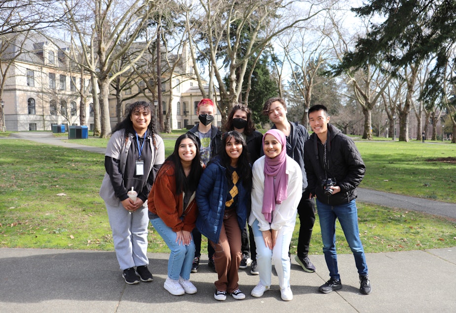caption: Advanced Producers practice taking photos on the University of Washington campus spring 2023. 