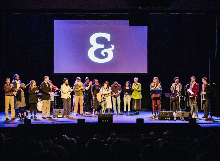 Participants in Ampersand Live 2018 on stage at The Moore Theatre