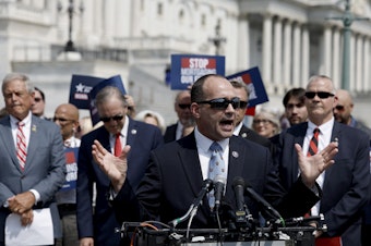 caption: Rep. Bob Good, R-Va., speaks at a news conference outside the U.S. Capitol on July 25.