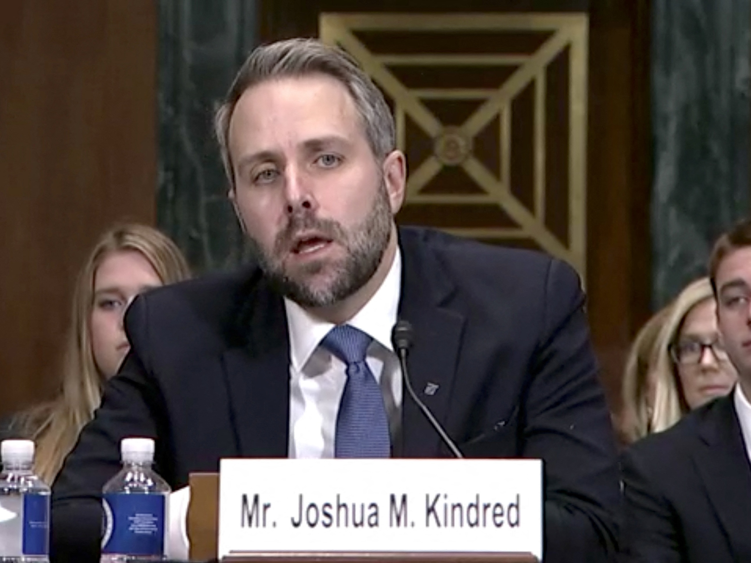 caption: Alaska lawyer Joshua Kindred speaks during a judicial nomination hearing at the U.S. Senate Committee on the Judiciary in Washington, U.S. December 4, 2019.