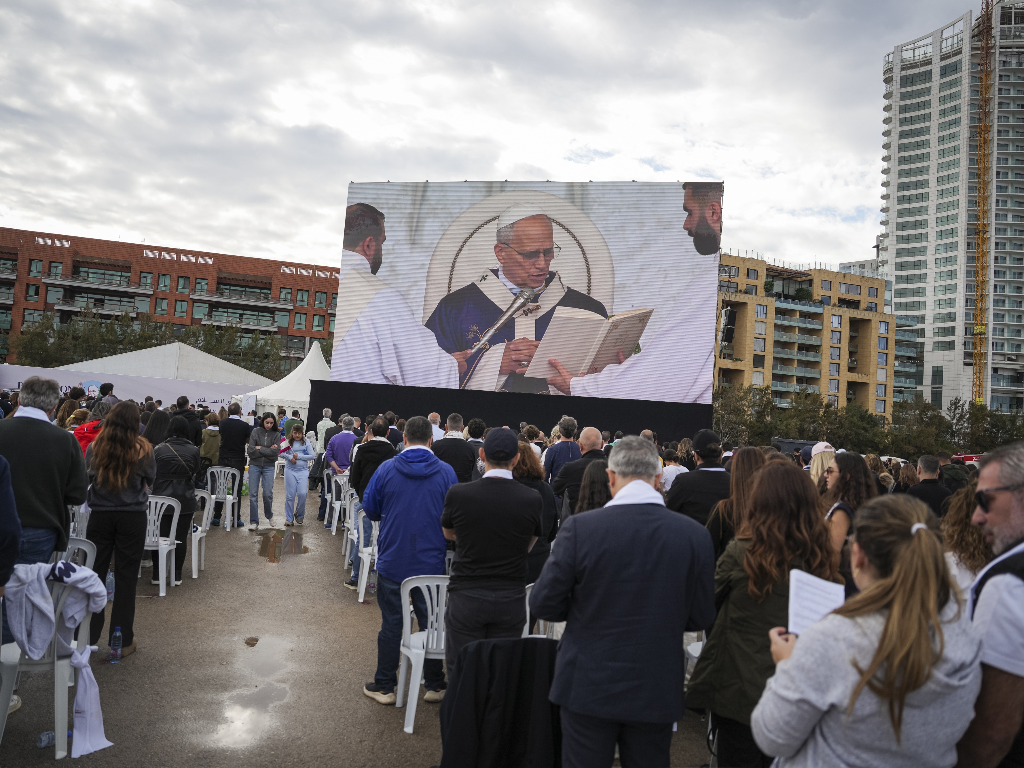 caption: Pope Leo XIV leads a Mass on the waterfront in Beirut on Tuesday.