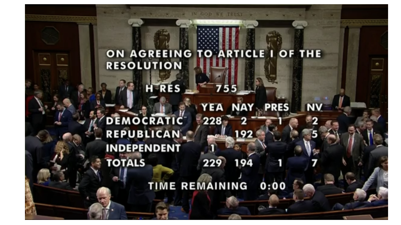 caption: Screenshot from the impeachment proceedings for the first vote on an impeachment article on Thursday evening.