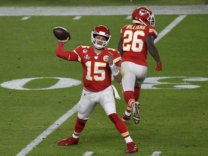 caption: Patrick Mahomes (15) of the Kansas City Chiefs, shown here during a game in February, is one of the players speaking out on Twitter about NFL safety protocols.