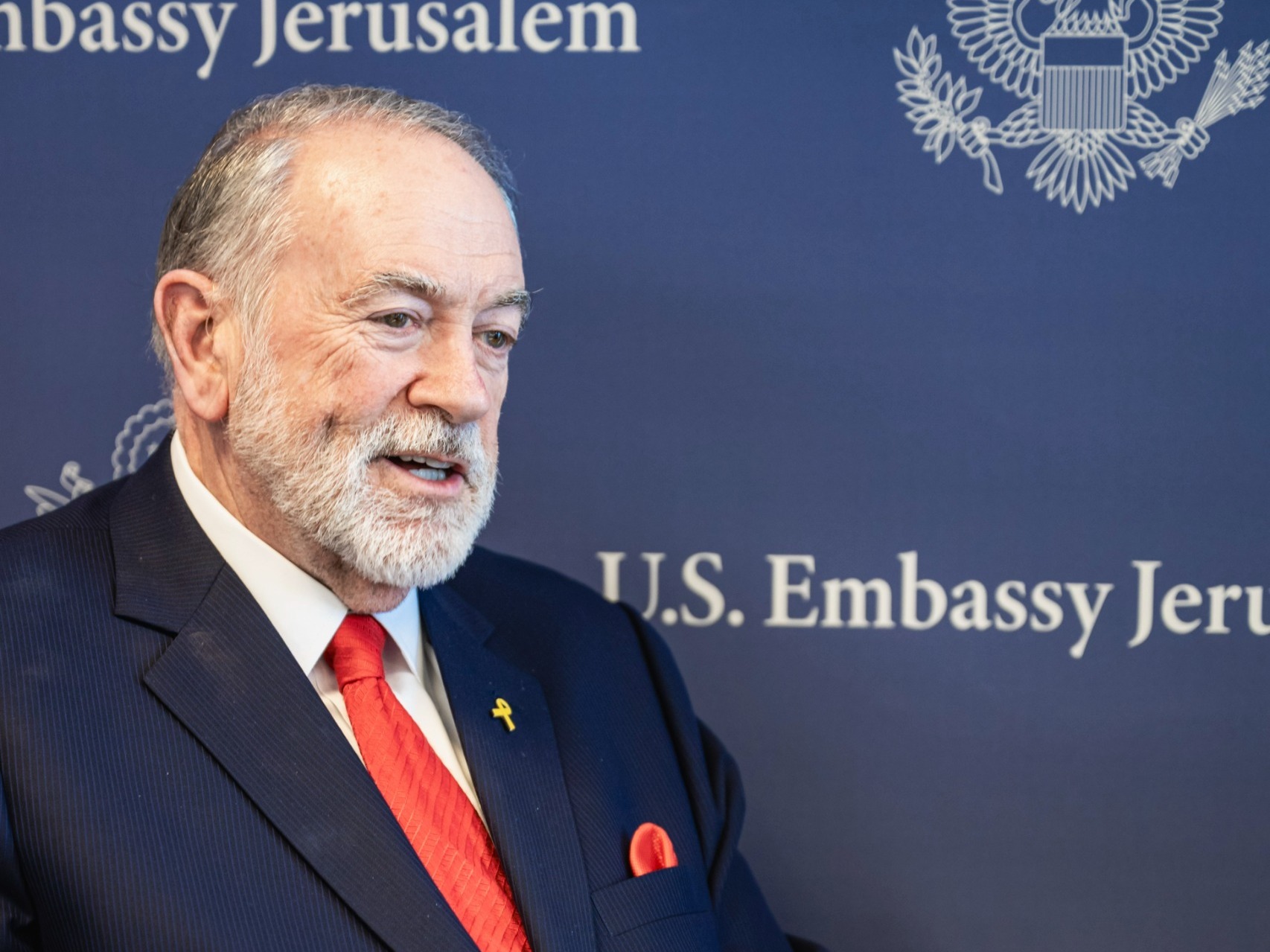 caption: U.S. Ambassador to Israel Mike Huckabee sits for an interview with NPR on Wednesday.