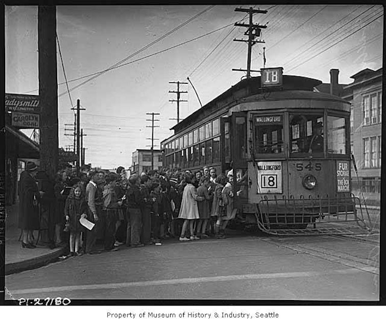 caption: The Wallingford streetcar line connected downtown Seattle with the outlying areas of Wallingford and the University District. In May 1940, the streetcars stopped running and were replaced by buses.