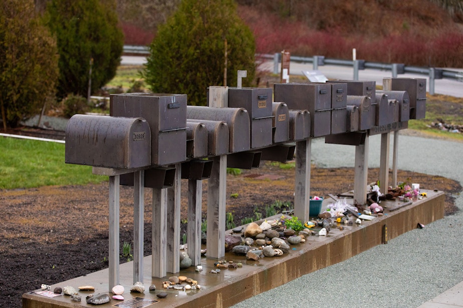caption: A portion of the 'Slide Memorial' is shown ahead of the 10-year anniversary of the single deadliest landslide in U.S. history, the Oso Landslide. 