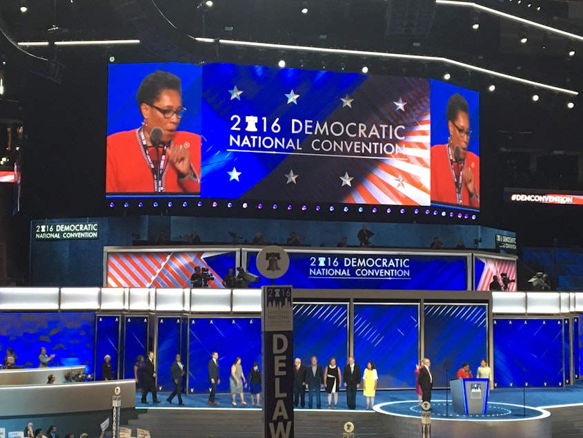caption: Boos from Bernie Sanders supporters drowned out U.S. Rep. Marcia Fudge, the convention chair, when she mentioned Hillary Clinton on Monday. 