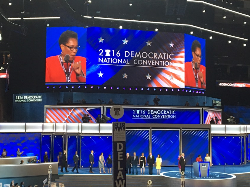 caption: Boos from Bernie Sanders supporters drowned out U.S. Rep. Marcia Fudge, the convention chair, when she mentioned Hillary Clinton on Monday.