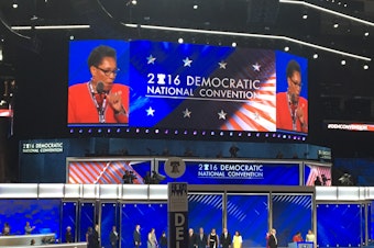 caption: Boos from Bernie Sanders supporters drowned out U.S. Rep. Marcia Fudge, the convention chair, when she mentioned Hillary Clinton on Monday. 