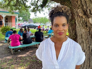 caption: Joy Banner at the Feefolay Cafe in Wallace on Juneteenth. Her community is mobilizing to fight the grain silo complex that could be built on their fence line.