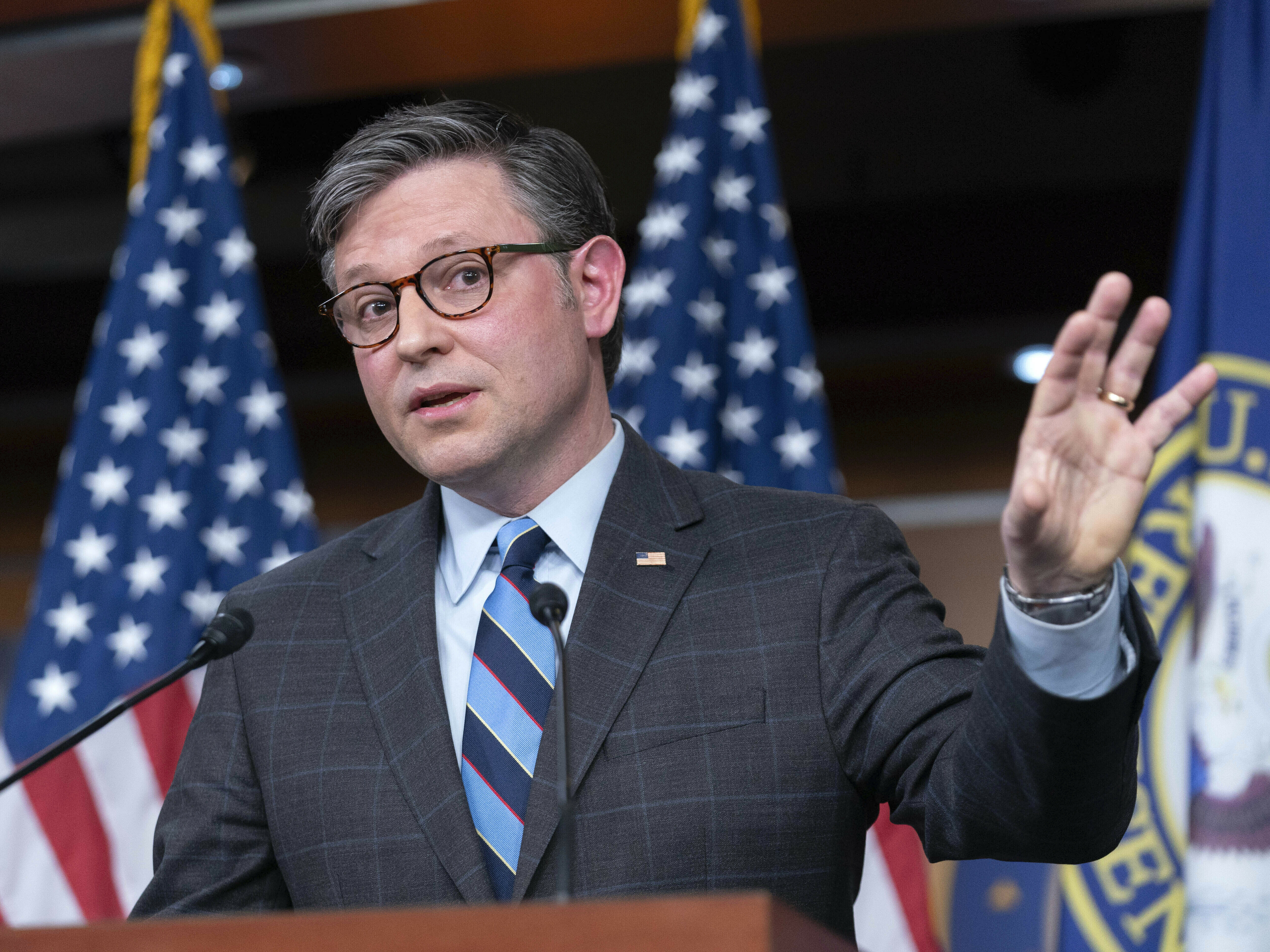 caption: Speaker of the House Rep. Mike Johnson, R-La., speaks during a news conference on Capitol Hill in Washington, Tuesday, Feb. 6, 2024.