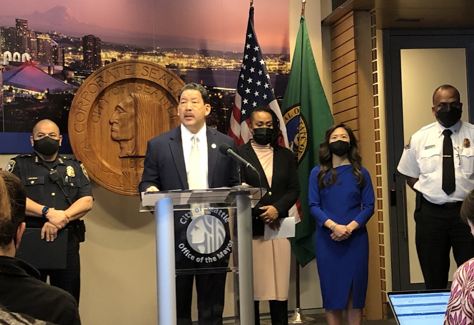 caption: Seattle Mayor Bruce Harrell held a press conference Feb. 4 to discuss "elevated levels of violent crime" in the city. 