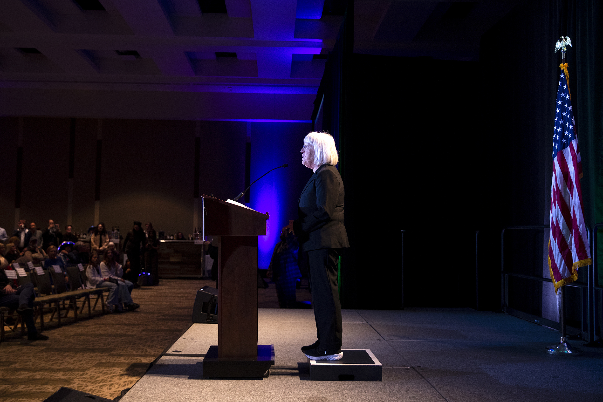 caption: Senator Patty Murray speaks to a crowd on Tuesday, Nov. 5, 2024, during the Washington Democrats election night party at the Seattle Convention Center in Seattle. 