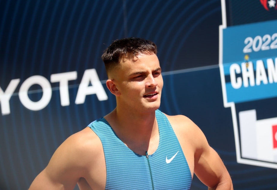 caption: Two-time Olympian Devon Allen has ambitions to win on the track and on the football field this year.