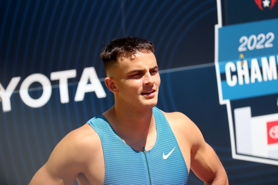 caption: Two-time Olympian Devon Allen has ambitions to win on the track and on the football field this year.