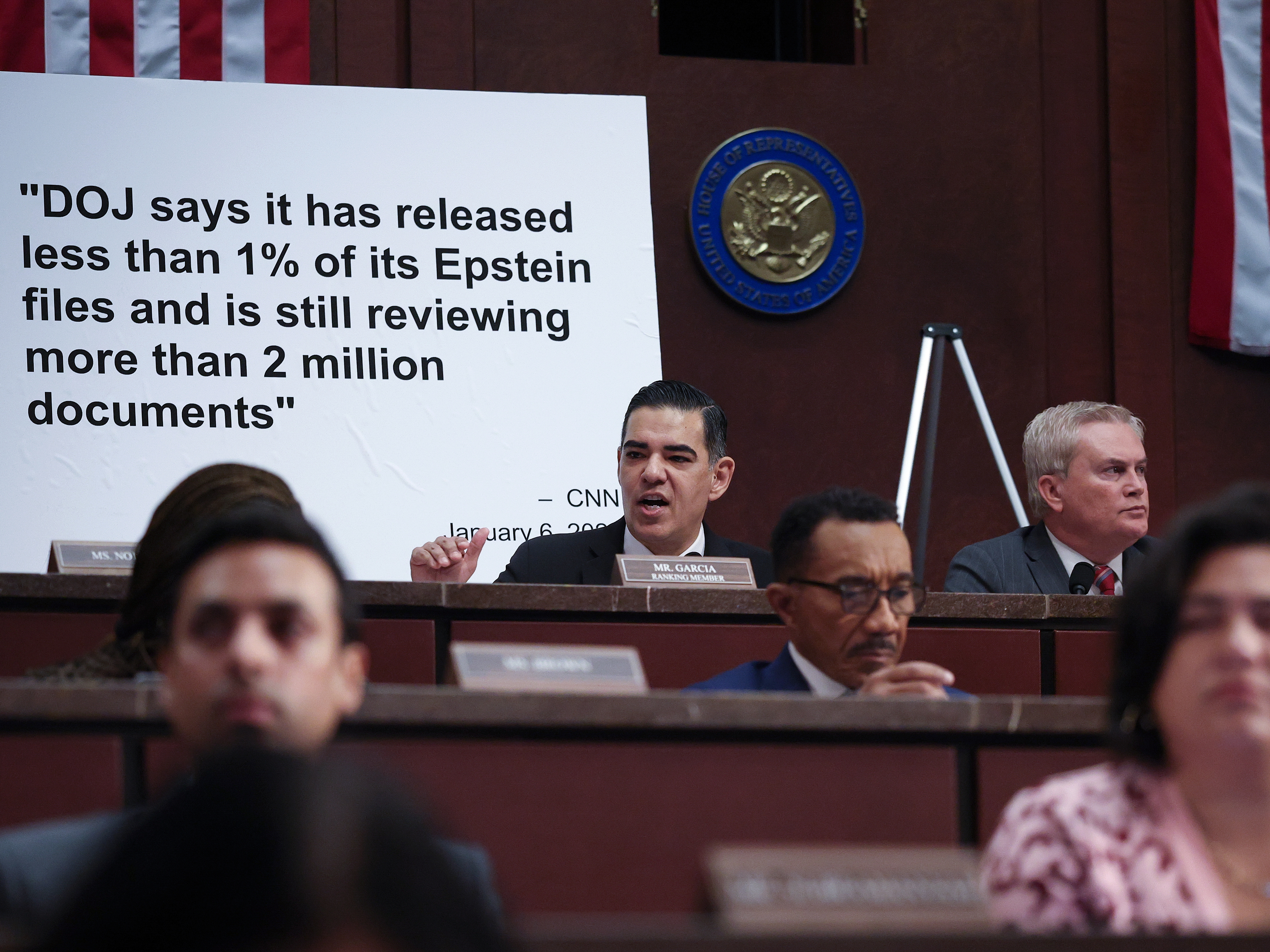 caption: House Oversight and Government Reform Committee ranking member Rep. Robert Garcia (center top row), D-Calif., speaks during a hearing last month.