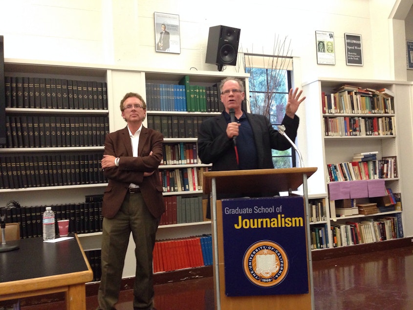 caption: John Nichols and Robert McChesney at UC Berkeley.