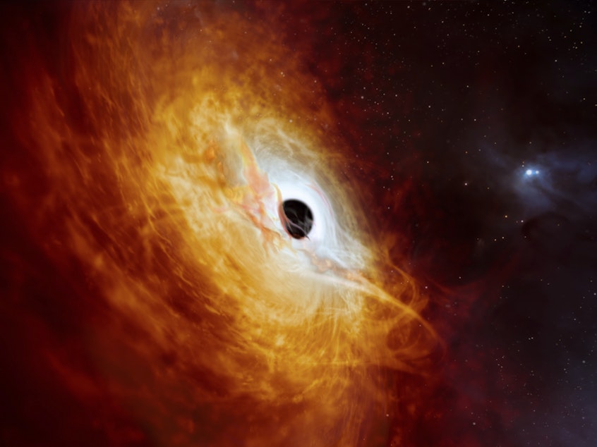 caption: This illustration provided by the European Southern Observatory in February 2024 depicts the record-breaking quasar J059-4351, the bright core of a distant galaxy that is powered by a supermassive black hole.