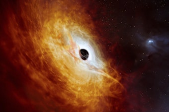 caption: This illustration provided by the European Southern Observatory in February 2024 depicts the record-breaking quasar J059-4351, the bright core of a distant galaxy that is powered by a supermassive black hole.