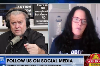 caption: Cynthia Hughes, seen here wearing a "Due Process Denied" shirt, has become a regular on Steve Bannon's show, where she has described the Jan. 6 defendants as "political prisoners." On a recent episode, Hughes announced changes to the Patriot Freedom Project after receiving criticism.